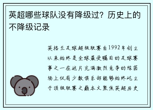英超哪些球队没有降级过？历史上的不降级记录