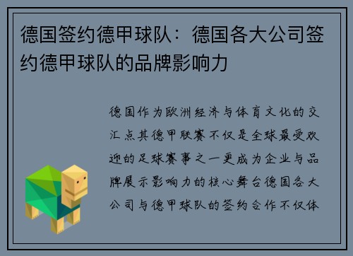 德国签约德甲球队：德国各大公司签约德甲球队的品牌影响力
